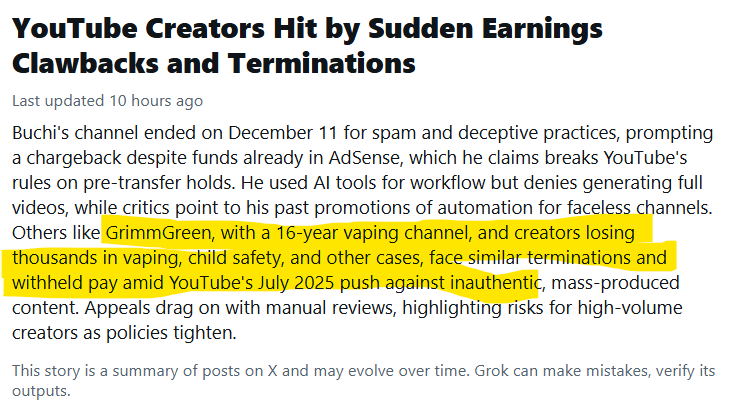 John_O_Connel1's tweet photo. In the 'Xitter' news from yesterday! @GrimmGreen is mentioned. Thanks for @VapingWithVic video mentioning the Unfair AI  that struck 'Nick' off. Hardly human intervention at this time of year. People make some tweets in the new year. @YouTubeInsider @TeamYouTube @DeepHumor https://t.co/mkPbhVywPZ