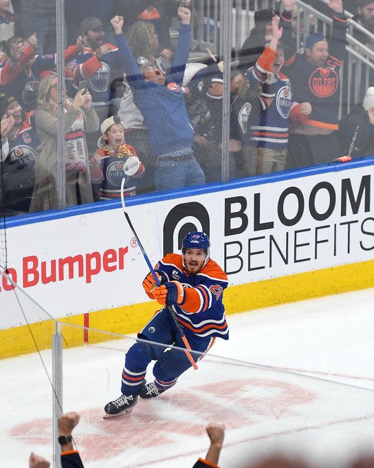 Jack Roslovic celebrates his OT goal against Columbus at Rogers Place earlier this season