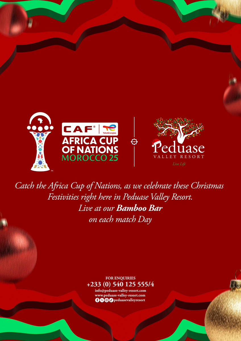 PeduaseValley's tweet image. Catch the Africa Cup of Nations, as we celebrate these Christmas Festivities right here in Peduase Valley Resort. Live at our Bamboo Bar on each match Day