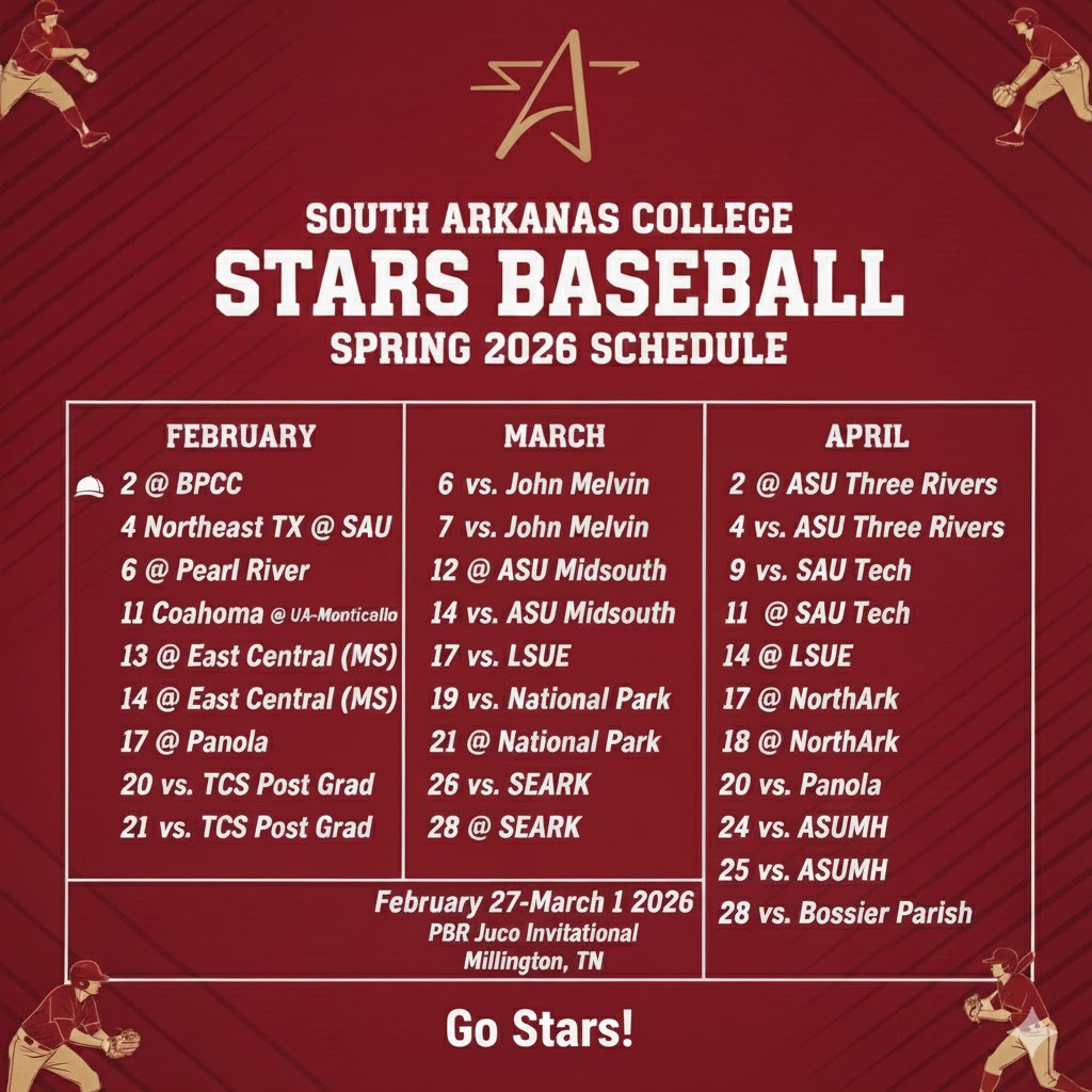 SouthArkbseball's tweet image. The ⭐️’s 2026 spring schedule!