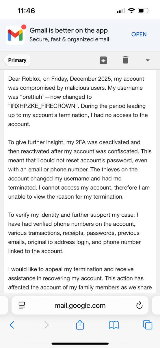 prttiuh's tweet image. My Roblox accounts were recently terminated 12/20/25 at 10:11 PM CST. A day prior to the termination, my account “prettiuh”—now changed to “IRXHPZKE_FIRECROWN”—was compromised by malicious users. I’ve had ownership of this account for 12 years so it possesses sentimental value.…