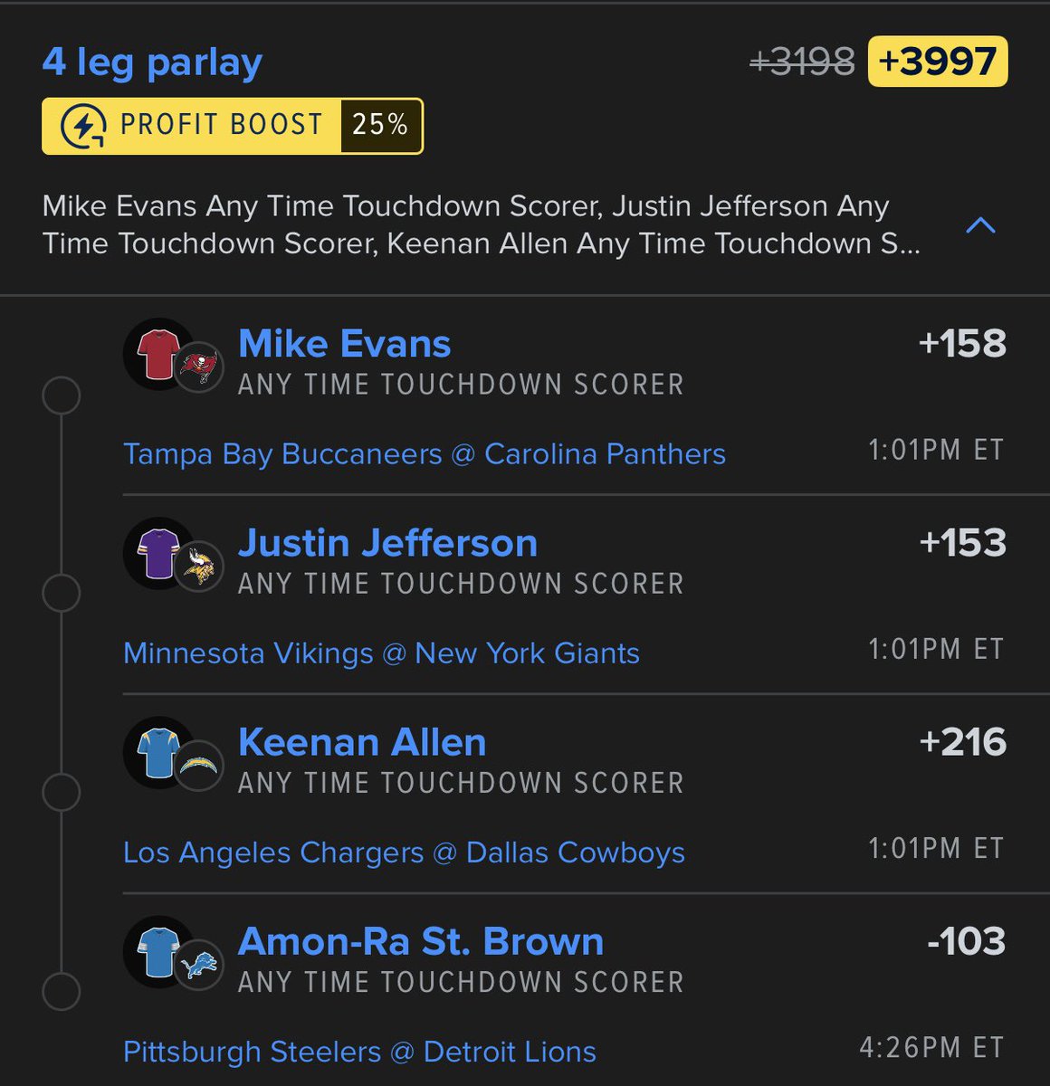 DawgHousePicks_'s tweet photo. ๐4-leg NFL ATTD Parlay (+3997 FD w/ 25% boost)
Mike Evans
Justin Jefferson
Keenan Allen
Amon-Ra St. Brown
For more FREE picks daily, check out our Discord using the link in our bio!
#NFL #TouchdownParlay #GamblingX #GamblingTwitter #FanDuel #SportsBetting #TDParlay #DawgHousePicks
