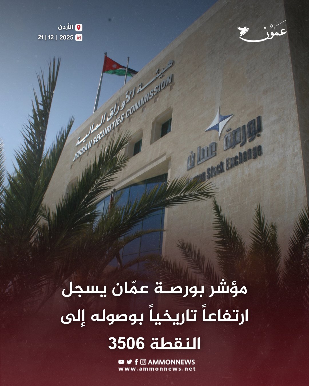 مؤشر بورصة عمّان يسجل ارتفاعاً تاريخياً بوصوله إلى النقطة 3506 #عمون 