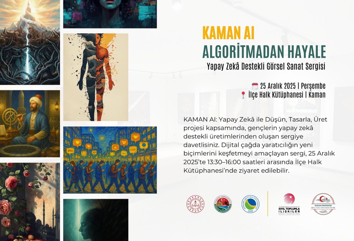 📌 KAMAN AI – Algoritmadan Hayale
Yapay zekâ destekli görsel sanat sergimize davetlisiniz.
Öğrencilerimizin yapay zeka destekli hazırlamış oldukları görseller.

🗓 25 Aralık 2025, Perşembe
⏰ 13:30 – 16:00
📍 İlçe Halk Kütüphanesi | Kaman

Dijital çağda yaratıcılığın yeni