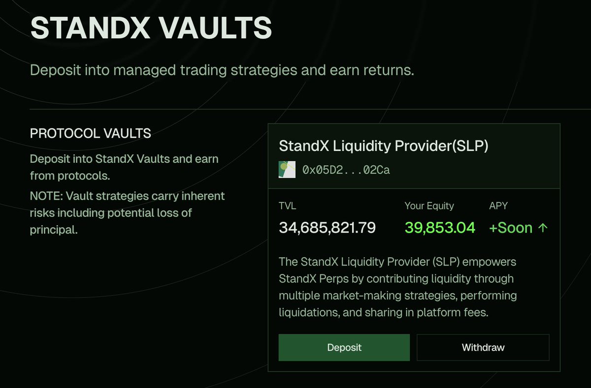 StandX_Official SLP가 굴러가는 원리] 최근에 StandX SLP 가격이 떨어지는게 눈에 띄게 보였는데요. 그래서 한번  어떤식으로 SLP 볼트가 돌아가는지 알아보려고요. 일단 SLP 볼트는 거래소의 하우스 역할을 하며 다음 같은 방식으로 수익을  창출하는데요. -
