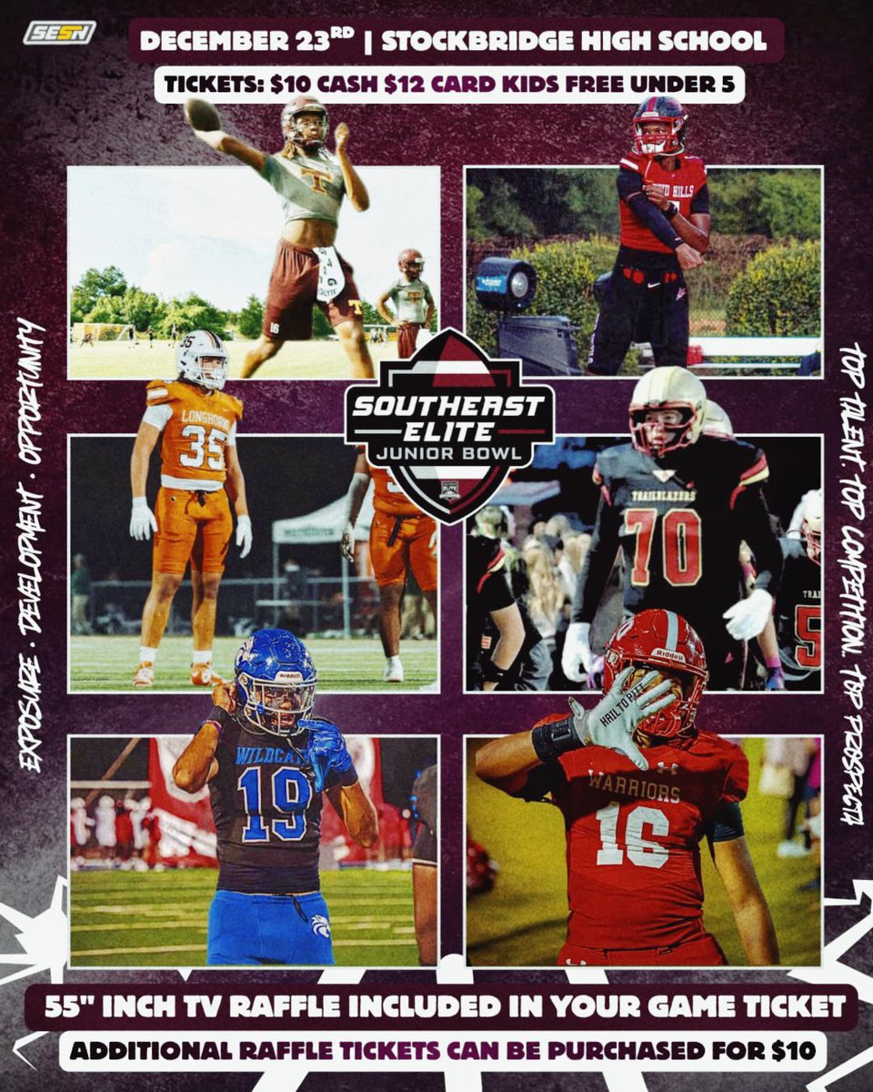 SoutheastElite_'s tweet image. 🚨 THIS TUESDAY 🚨
🏈 Southeast Elite Junior Prospects Bowl
⏰ 3:00PM

🎟️ $10 cash | $12 card
📺 EVERY ticket = entry into a FREE 55” TV giveaway (halftime)

Elite talent. Future stars.
📍 Today in Stockbridge: Northeast Georgia Recruits Classic 

🔥 Pull up