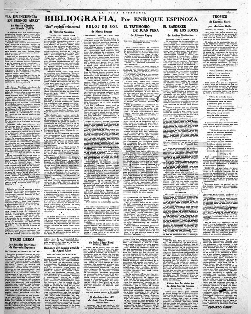 Pendola_RR's tweet photo. #VidaLiteraria
A pesar de que, un año atrás, Enrique Espinoza había saludado la futura aparición de una revista de Victoria Ocampo, el primer número de Sur lo decepcionó, como puede leerse en su reseña, que apareció en  𝘓𝘢 𝘝𝘪𝘥𝘢 𝘓𝘪𝘵𝘦𝘳𝘢𝘳𝘪𝘢 28 (febrero de 1931). https://t.co/9Dx3xF7nRz