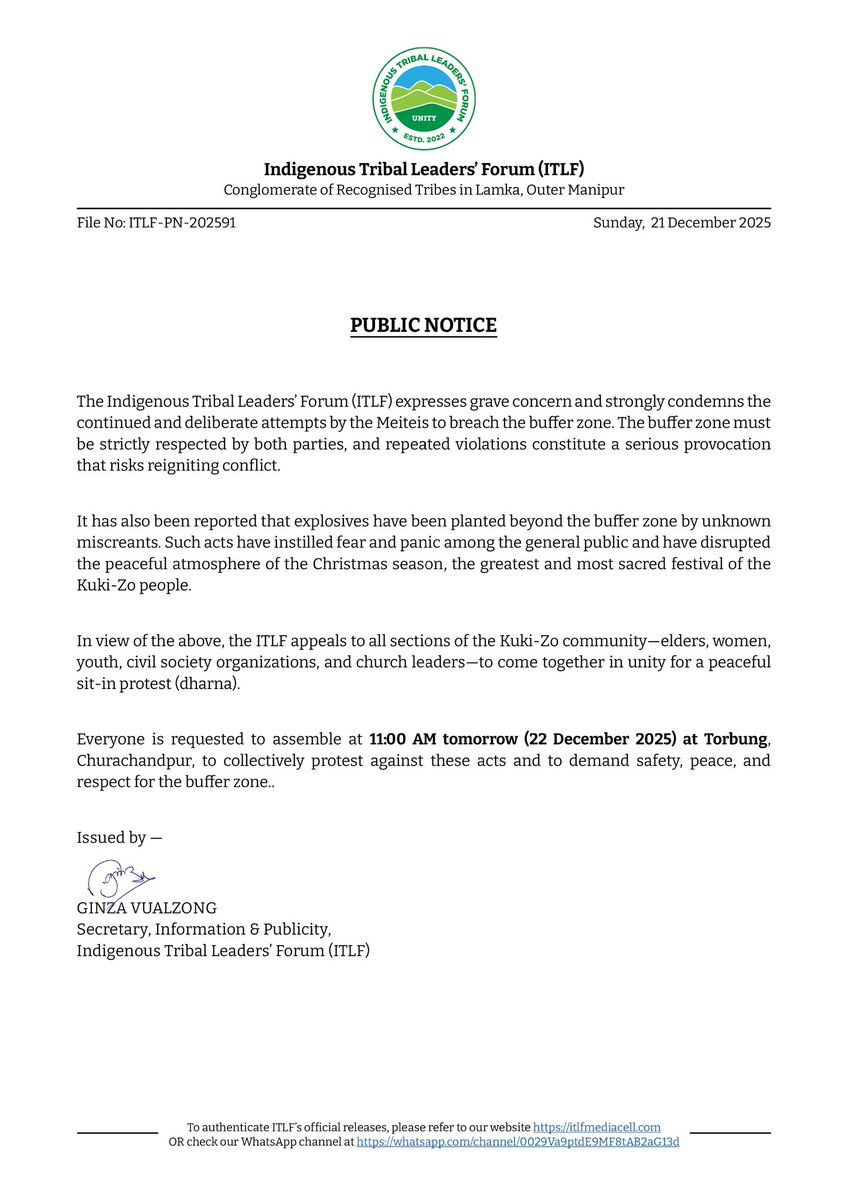 Manipur : ITLF strongly condemns the continued and deliberate attempts by the meiteis to breach the buffer zone and calls for a peaceful sit-in protest on 22 Dec 2025 at Torbung, demanding to safeguard the buffer zone &amp; ensure safety during Christmas. <a href="/adgpi/">ADG PI - INDIAN ARMY</a> <a href="/HMOIndia/">गृहमंत्री कार्यालय, HMO India</a> <a href="/PMOIndia/">PMO India</a>