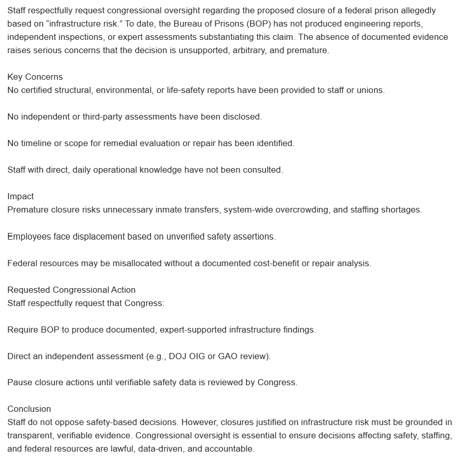 keribla's tweet photo. Terminal Island prison staff are circulating this letter opposing facility closure, questioning if the structural  probs are as bad as BOP says + asking for congressional oversight.

FWIW they also tell me this is the only care level 3 medical facility west of the Mississippi: https://t.co/c7SEBBwuwC