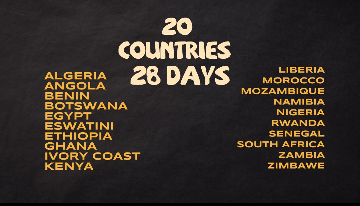 American Streamer, IShowSpeed is set to go on a tour of 20 African countries namely South Africa, Nigeria, Ghana, Algeria, Angola, Benin, Botswana, Cote d'Ivoire, Egypt, Eswatini, Ethiopia, Kenya, Liberia, Morocco, Mozambique, Namibia, Rwanda, Senegal, Zambia and Zimbabwe.