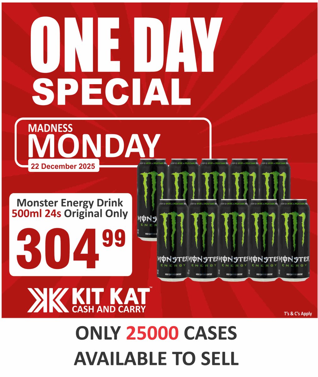 KitKatGroupSA's tweet image. ⚡ MADNESS MONDAY ⚡
One day. One deal. One serious energy boost.
Monster Energy 500ml 24s for R304.99 — only 25 000 cases available. When it’s gone, it’s gone.