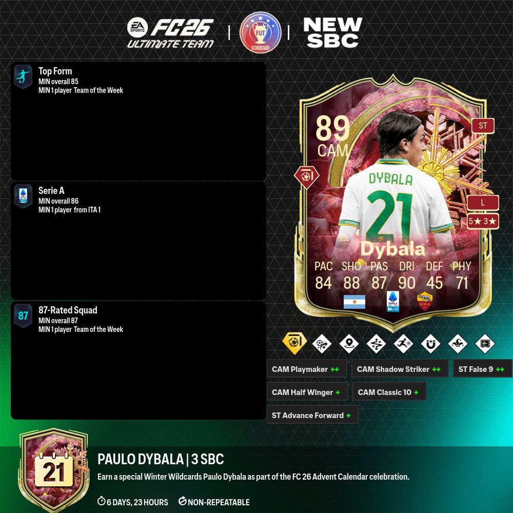 _splfut's tweet image. 🚨محتوى اليوم🚨

- ديبالا توفر في التحديات 🧩 

- اليساندرو توفر في التحديات 🧩 

- توفر تحدي ايكون +87 عادي او حدث 🧩 

- توفر تحدي يعطيك باك لاعبين 🧩 

- توفرت تطويرة مدفوعة خاصة بمركز LB 🧬 

#EAFC26