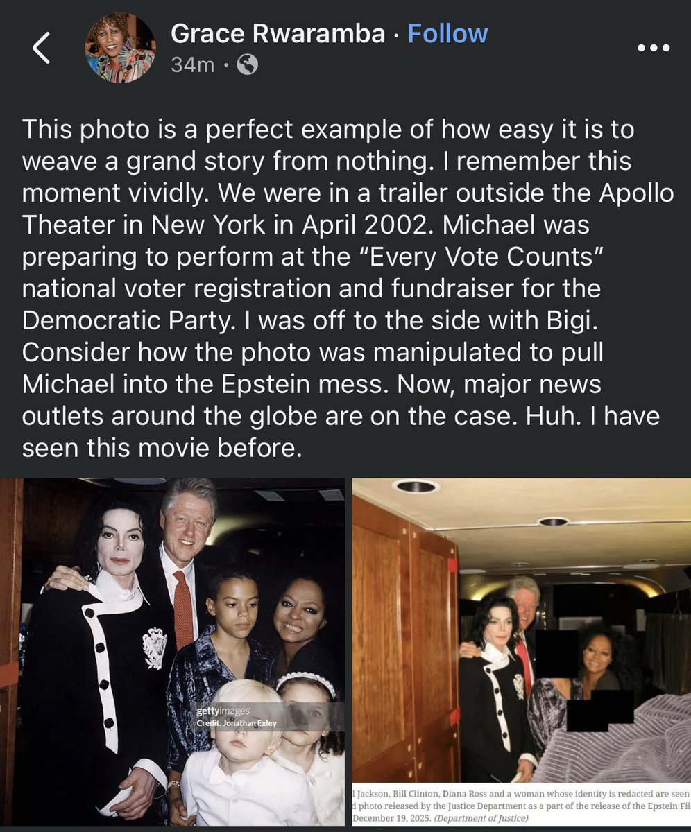 🚨Grace Rwaramba, ex-babá dos filhos de Michael Jackson, que trabalhou diariamente com o artista por mais de 10 anos, saiu em sua defesa: 

“Esta foto é um exemplo perfeito de como é fácil tecer uma grande história do nada.”

+