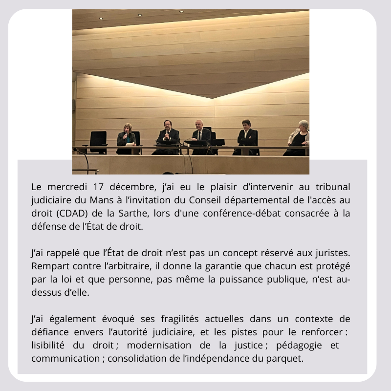 Remy_Heitz_PG's tweet photo. Mercredi dernier, je me suis rendu au Mans pour une conférence-débat à l’invitation du CDAD de la Sarthe.
#ÉtatDeDroit #Justice #CDAD #AccèsAuDroit #TribunalJudiciaire #LeMans @Courdecassation https://t.co/1usmlyTr6I