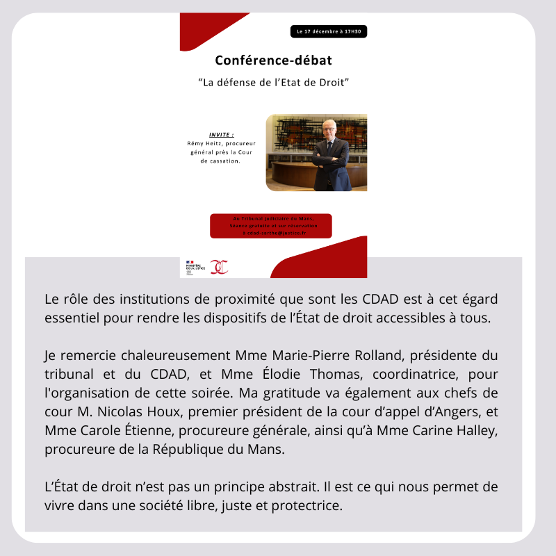 Remy_Heitz_PG's tweet photo. Mercredi dernier, je me suis rendu au Mans pour une conférence-débat à l’invitation du CDAD de la Sarthe.
#ÉtatDeDroit #Justice #CDAD #AccèsAuDroit #TribunalJudiciaire #LeMans @Courdecassation https://t.co/1usmlyTr6I