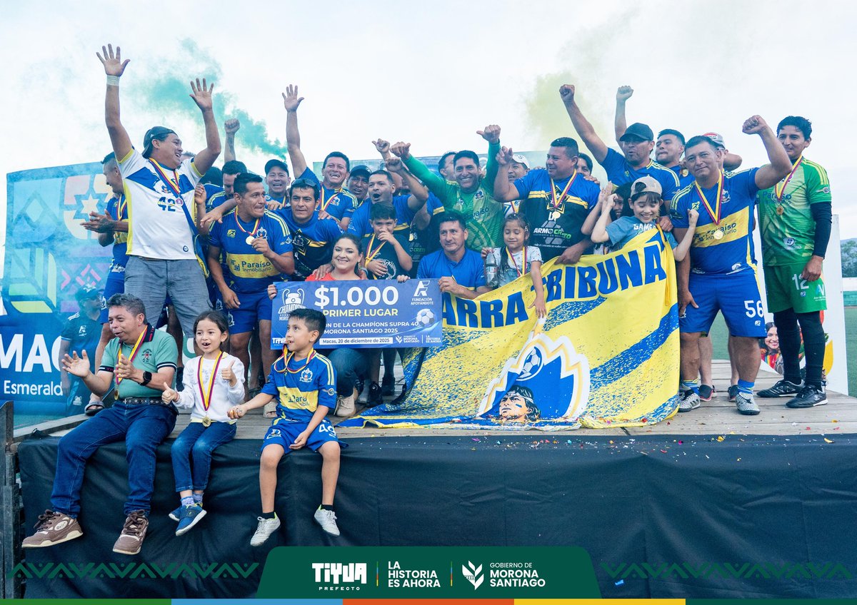 masmedioscom's tweet photo. Final Champions Morona Santiago 2025

La Champions MS finalizó. En la Supra 40, Morona y Limón, igualaron 1–1 y en a definición de penales, Morona se impuso 3–1. En la categoría Libre, Deportivo Macas, se alzó con la victoria tras vencer 1–0 a USMA.
#TiyuaUyunkarPrefecto https://t.co/V9bkkU3rbi