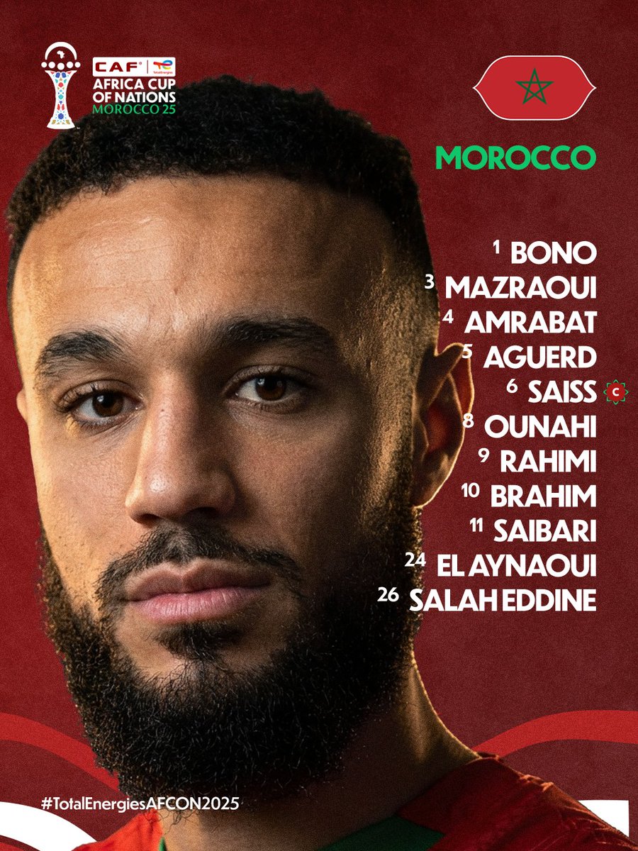 CAF_Online's tweet image. Pitch set. Spotlight on. 

Here is the XI kicking off the #TotalEnergiesAFCON2025. 🇲🇦🇰🇲
