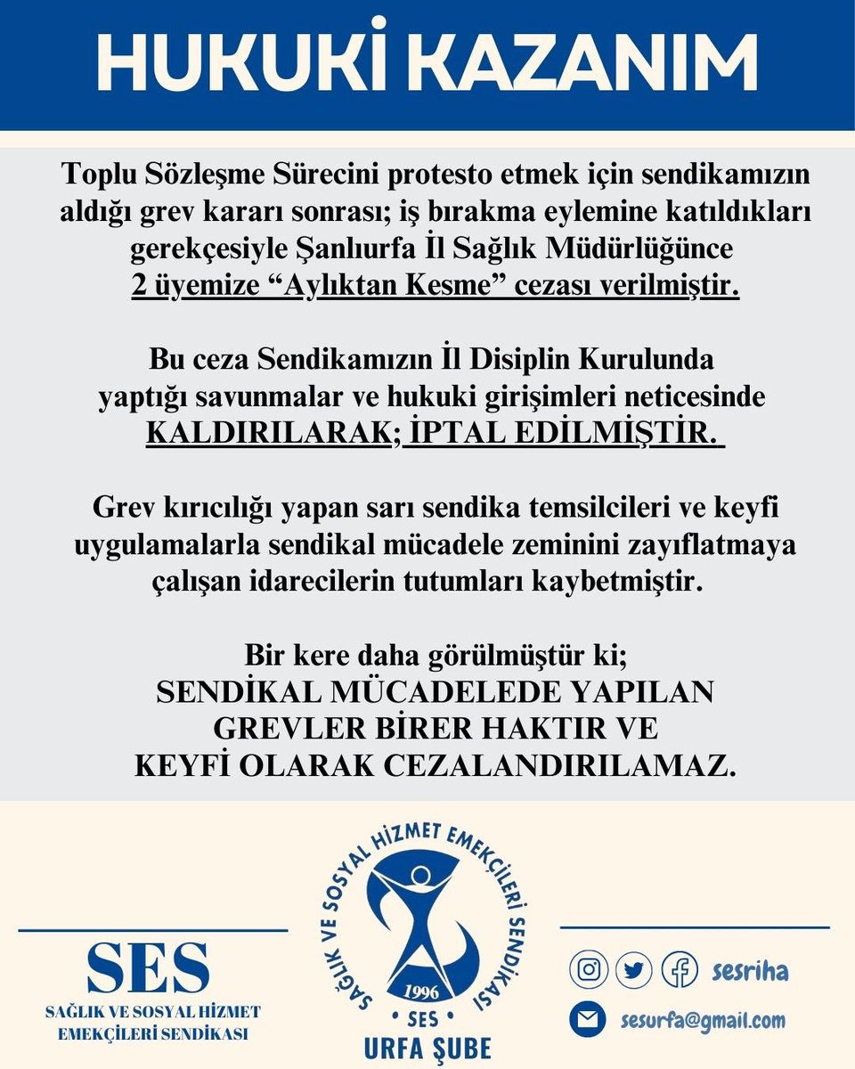 SesRiha's tweet photo. HUKUKİ KAZANIM

İş bırakma eylemine katıldığı gerekçesiyle iki üyemize Şanlıurfa İl Sağlık Müdürlüğünce verilen aylıktan kesme cezası sendikamız hukuk birimimizce yapılan savunma neticesinde il disiplin kurulunda iptal edilerek kaldırılmıştır. https://t.co/0X2Cl0EW4Q