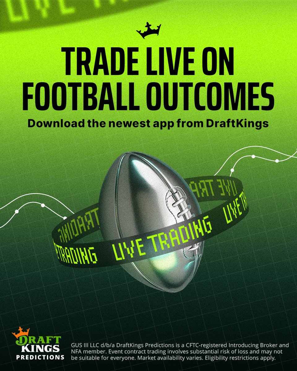 DKPredictions's tweet image. Game day has begun and with the DraftKings Predictions app you can trade on LIVE football outcomes.