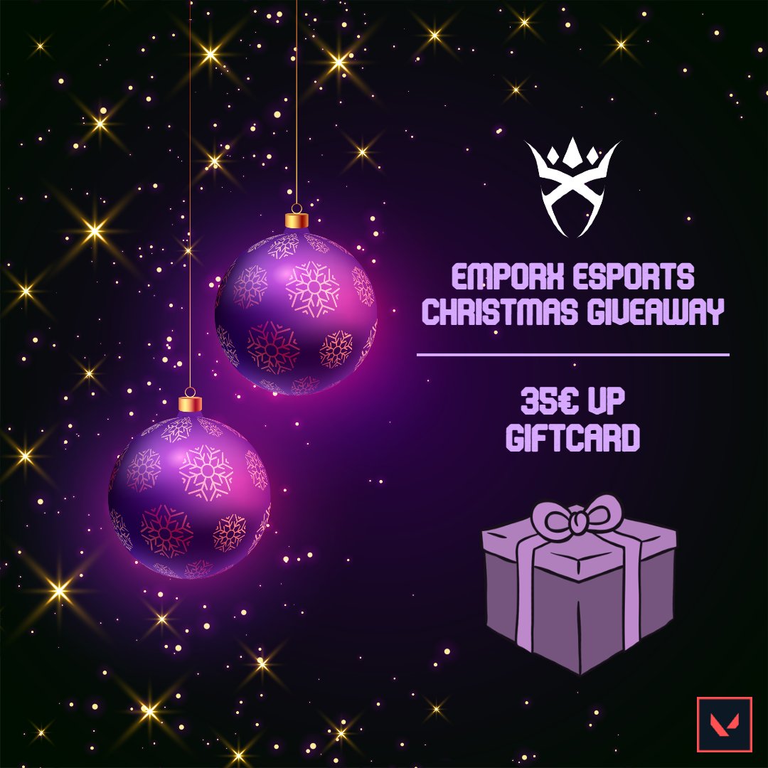 EmporXEsports's tweet image. 🎄EPX CHRISTMAS GIVEAWAY🎄

35€ VALORANT Points Giftcard 

To Enter:
- ❤️Like &amp;amp; Retweet ♻️
- Follow @EmporXEsports
- Tag a Friend 

🗓️Giveaway ends on the 26th of December.

#EPXRULES