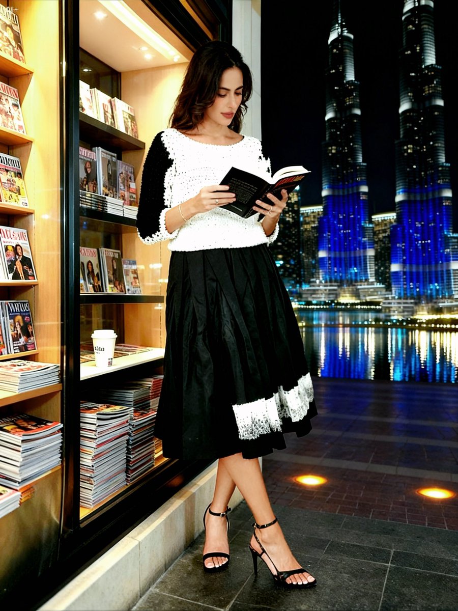 narmynofficial's tweet photo. In the glow of the city’s night skyline, she pauses.
Up All Night, lost in a book, wrapped in quiet luxury.

Our crochet top with abstract brushstroke sleeves meets a fluid wrap skirt with Windcatcher pleats.

Elegance, in its purest form.

#LuxuryFashion 
#TimelessElegance https://t.co/X3O0pM0YlN