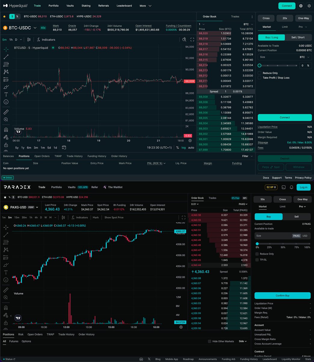 YieldMaxing's tweet image. Spot 3 differences between @paradex and @HyperliquidX (you can’t)