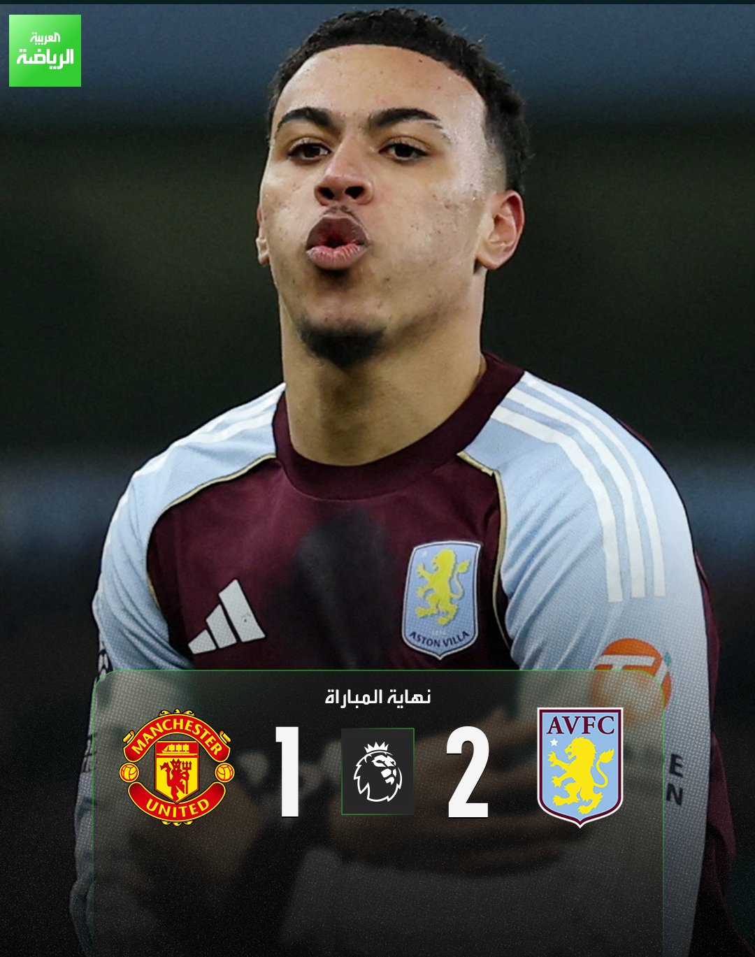 أستون فيلا يواصل ملاحقة أرسنال ومانشستر سيتي. أستون فيلا 2 (روجرز ) مانشستر يونايتد 1 (كونيا) الدوري الإنجليزي فيلا بارك 