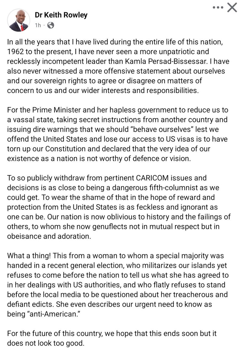 OrinocoTribune's tweet photo. "Vassal state" — the explosive charge from former Trinidad & Tobago PM Rowley against the current government. His public letter is igniting a fierce national debate about sovereignty.
What’s your take?
#TTpolitics #Rowley #usimperialism https://t.co/As3uRTqSqJ