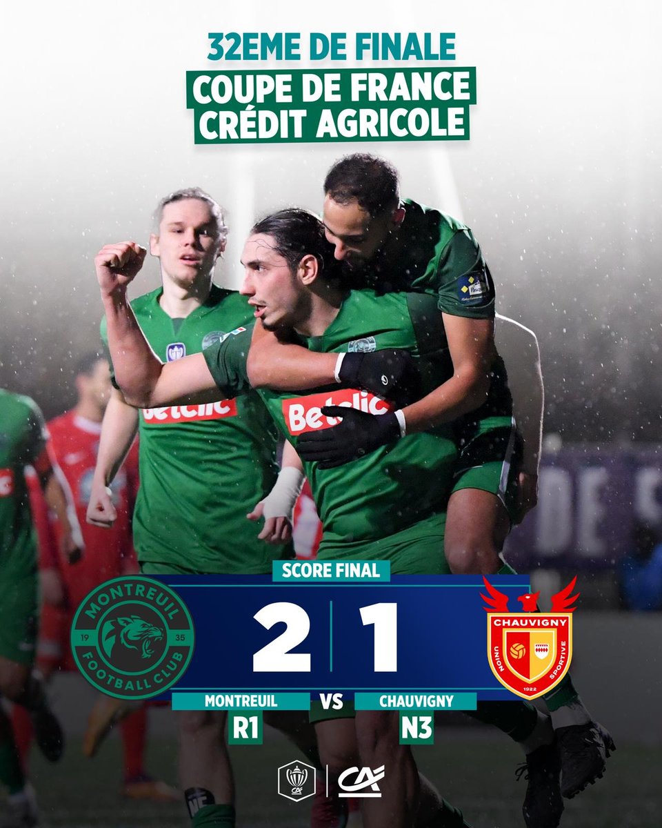 DINGUE : LE MONTREUIL FC (R1) VERRA LES 16ES DE FINALE DE LA COUPE DE FRANCE CRÉDIT AGRICOLE !!! 👏👏

Le club de Seine-Saint-Denis élimine l'US Chauvigny, club de N3, grâce à un but en fin de match.