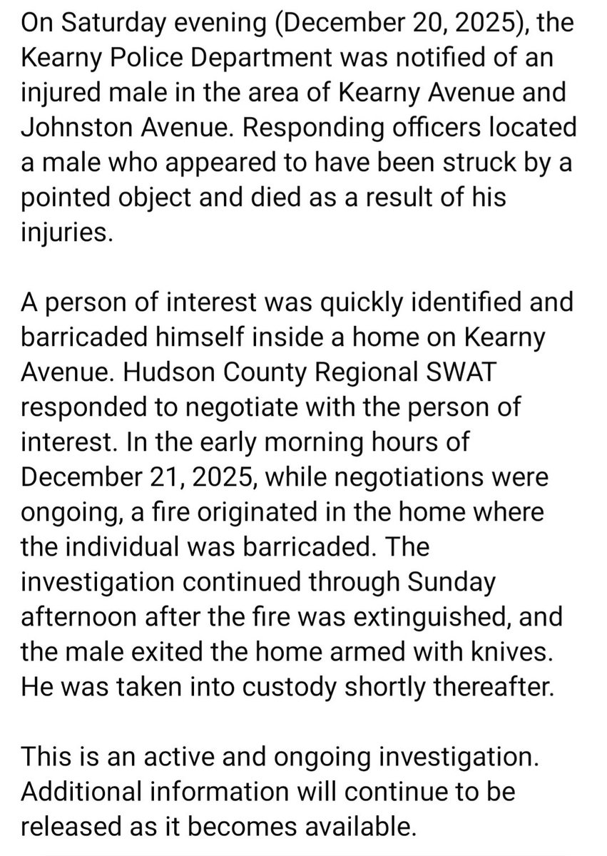 Please see the below update regarding this weekend's investigation in Kearny.