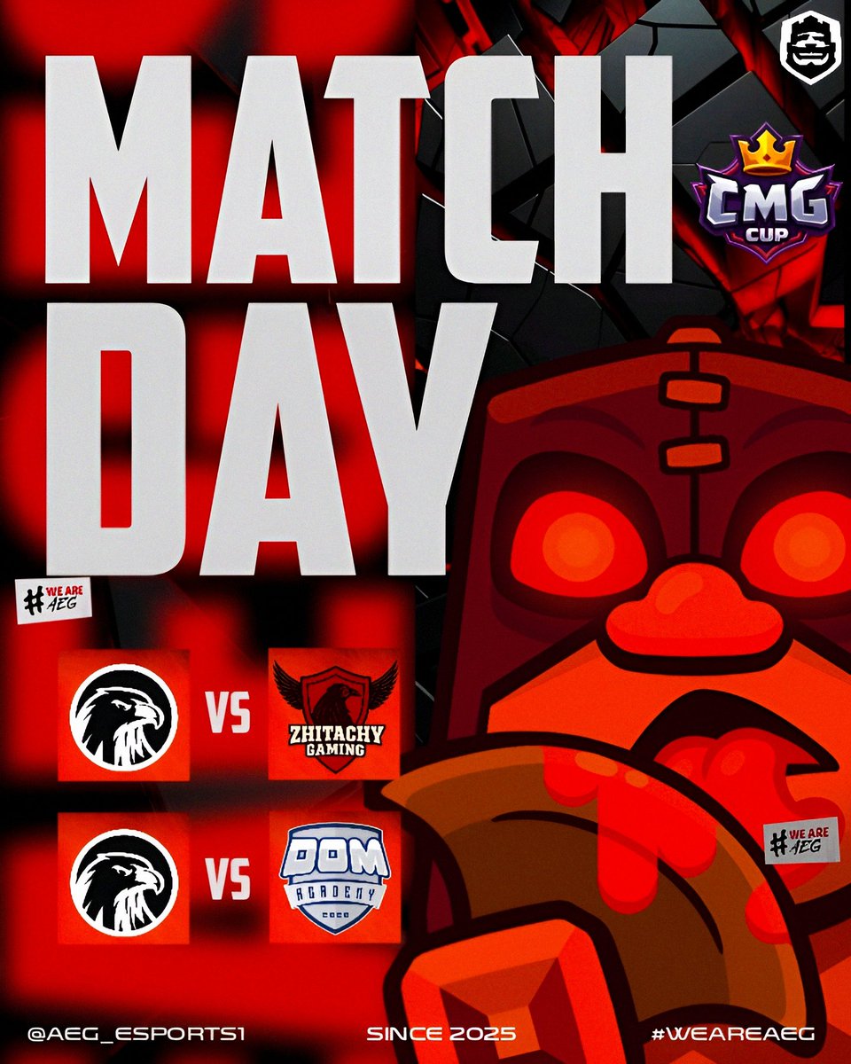 Today the Eagles make their debut in the CMG Cup, good luck to our rivals! 🫡

🆚️ | <a href="/ZhitachyGaming/">Zhitachy Gaming</a>
🏆 | <a href="/CMG_Cup/">CMG Cup</a>
📌 | J1
⏰️ | 14:00 🇺🇸

🆚️ | <a href="/DOMeSportsBR/">DOM eSports ✨</a> 
🏆 | <a href="/CMG_Cup/">CMG Cup</a>
📌 | J2
⏰️ | 16:00 🇺🇸

#ClashRoyale #WeAreAEG 🦅.