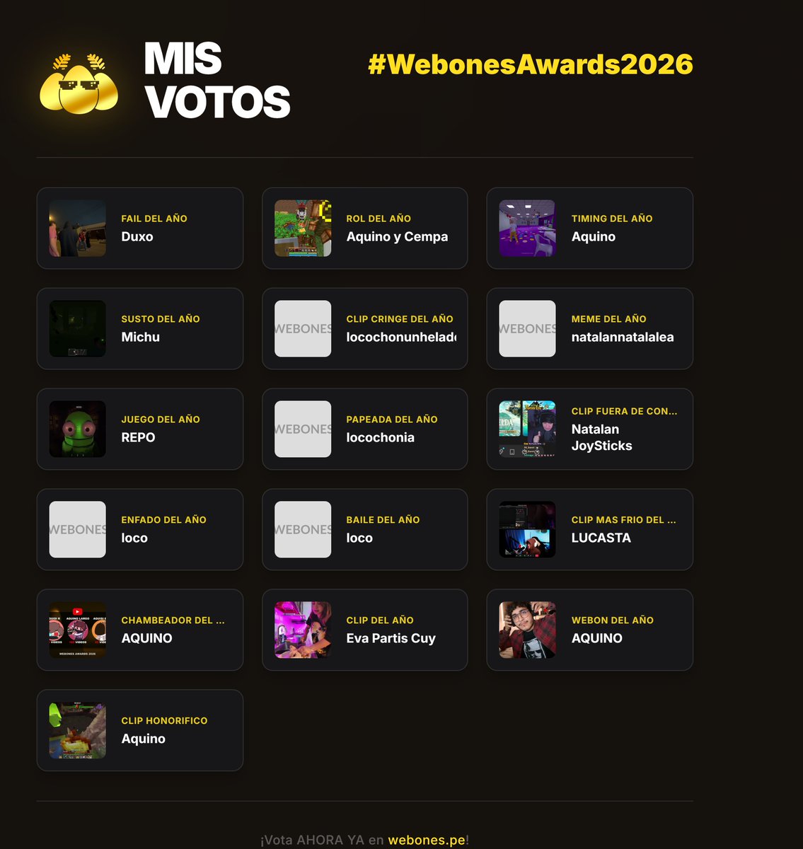 Ravsis_'s tweet photo. Mis votos en los #WebonesAwards2026 https://t.co/CeeSygSiOP