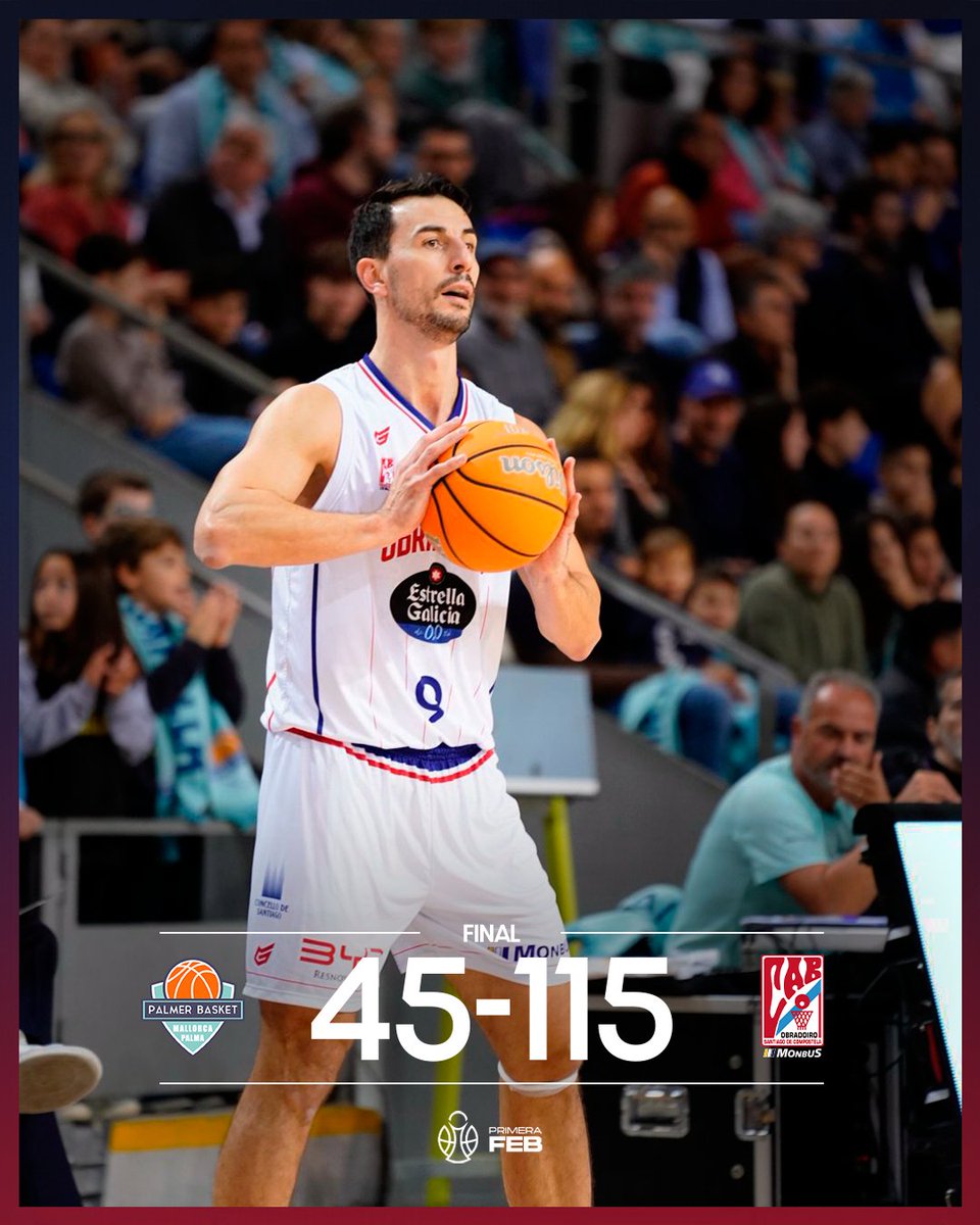 OBRADOIROCAB's tweet image. FINAL ⏱️

🟢 @palmerbasket 45
⚪ #MonbusObradoiro 115

#PrimeraFEB