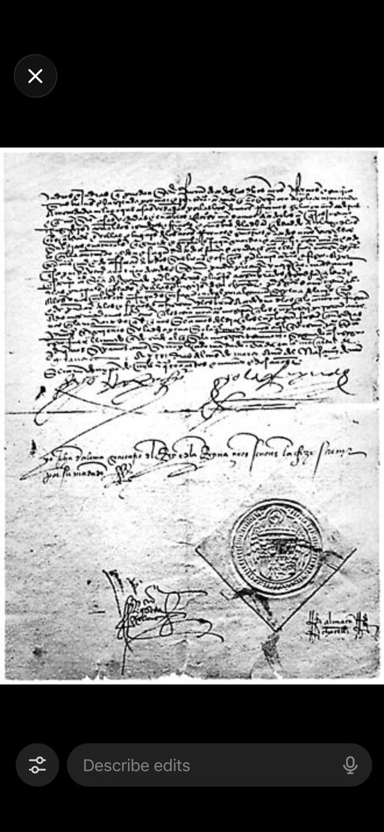 TAPSocialClub's tweet image. 🧾 What This Document Is (Category &amp;amp; Type)

This image is a late-15th-century Castilian royal decree, written in chancery cursive, bearing:
•Dense legal-proclamatory text at the top
•Multiple royal notarial signatures across the lower section
•A pendant or impressed royal seal…