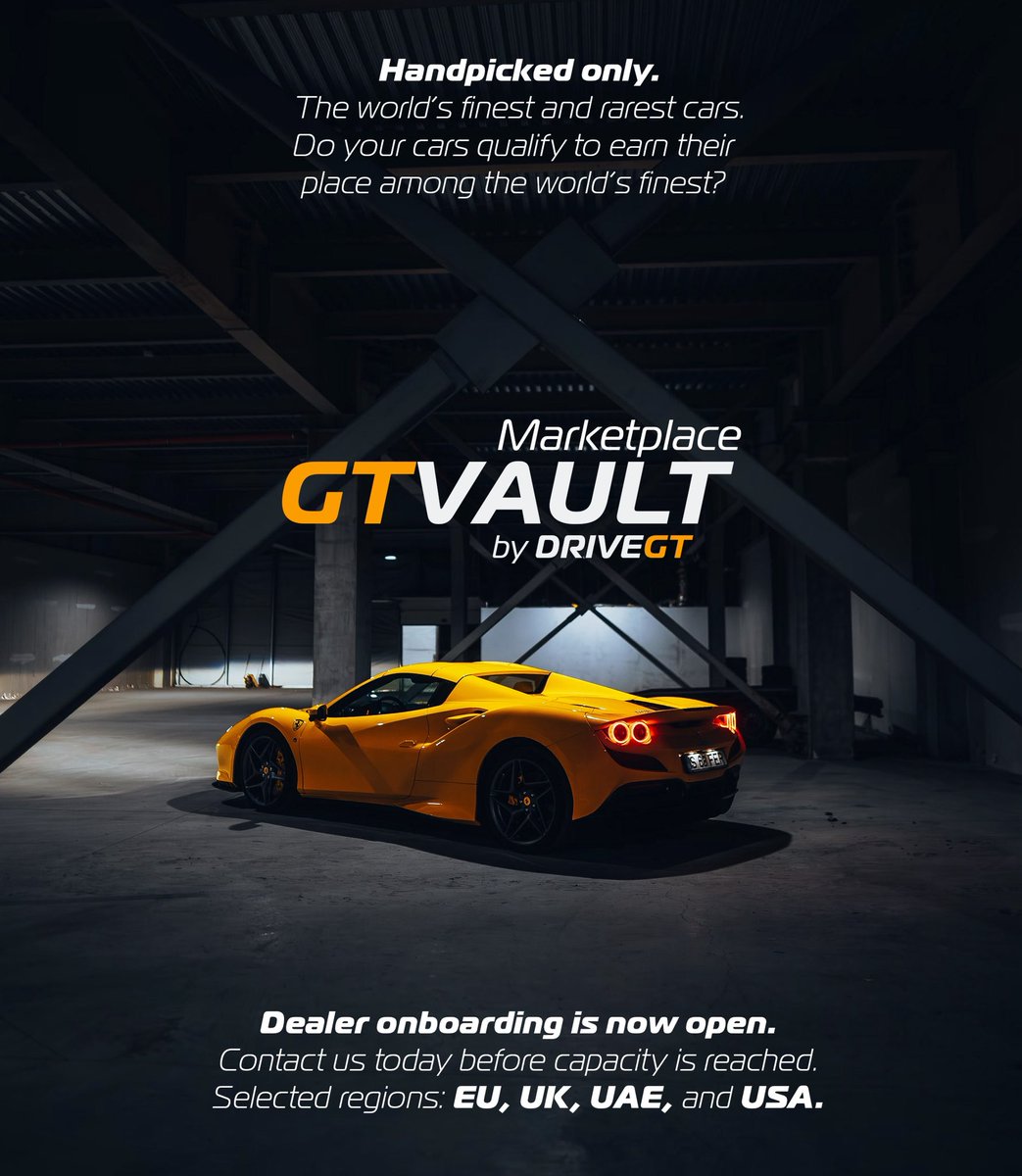 DriveGT_com's tweet photo. Do your cars qualify to earn their place among the world’s finest?
Supercars. Rare. Unique. Nostalgia. Classics.

GT Vault Marketplace by DriveGT
Dealer onboarding is now open.

Contact us today before capacity is reached.
Selected regions: EU, UK, UAE, and USA.

There is a difference between just listing cars - and presenting them.
