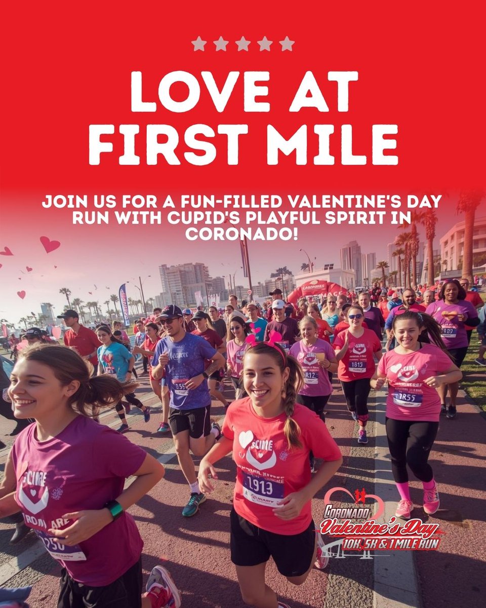 KozEvents's tweet image. Run the miles. Feel the love 💕🏃‍♂️
Join us in Coronado this Valentine’s Day Weekend.
valentinesday10k.com

#vday10K #KOZevents #coronado #runsandiego