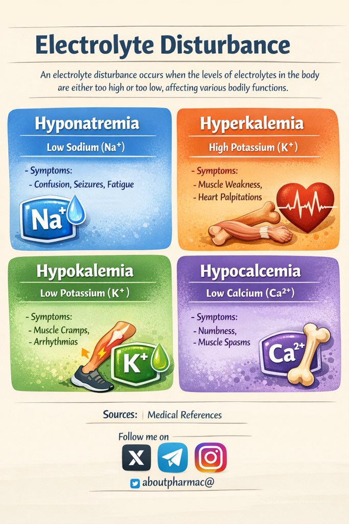 aboutpharmac's tweet photo. Electrolytic disturbance  with common examples https://t.co/aprOE8uJhZ