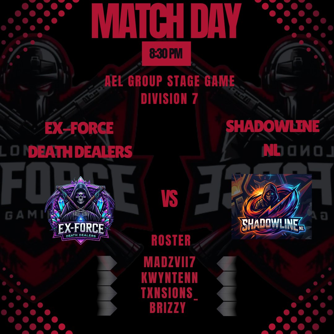 MATCH DAY!!

📅 - 21st December 
⏰ - 830pm
🆚  - Shadowline nl

<a href="/AMeLeague/">AEL - Amateur Esports League</a>

🟣 - <a href="/Madzvii7/">MadzVII</a>
⚫️ - @kwyntenn
🟣 - <a href="/Txnsions_/">Txnsions</a>
⚫️ - Brizzy