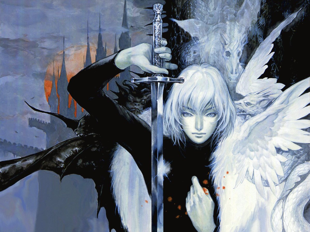 Castlevania: Aria of Sorrow (2003) by Konami for Nintendo Game Boy Advance. Art of the protagonist Soma Cruz by Ayami Kojima. The game is set in 2035, as Dracula was killed in 1999, and the lore dictates that he can only resurrect once every 100 years.