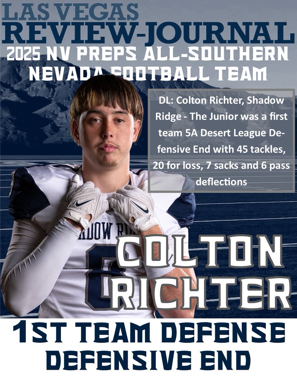 defendtheridge's tweet photo. Congratulations to (JR) Colton Richter - Defensive End for being named 2025 All-Southern Nevada - 1st Team!
-
#DefendTheRidge #ShadowFootball #AllConference #5A #LVRJ #NevadaPreps #702HSFB 🏈 https://t.co/LRvcDBLXdW