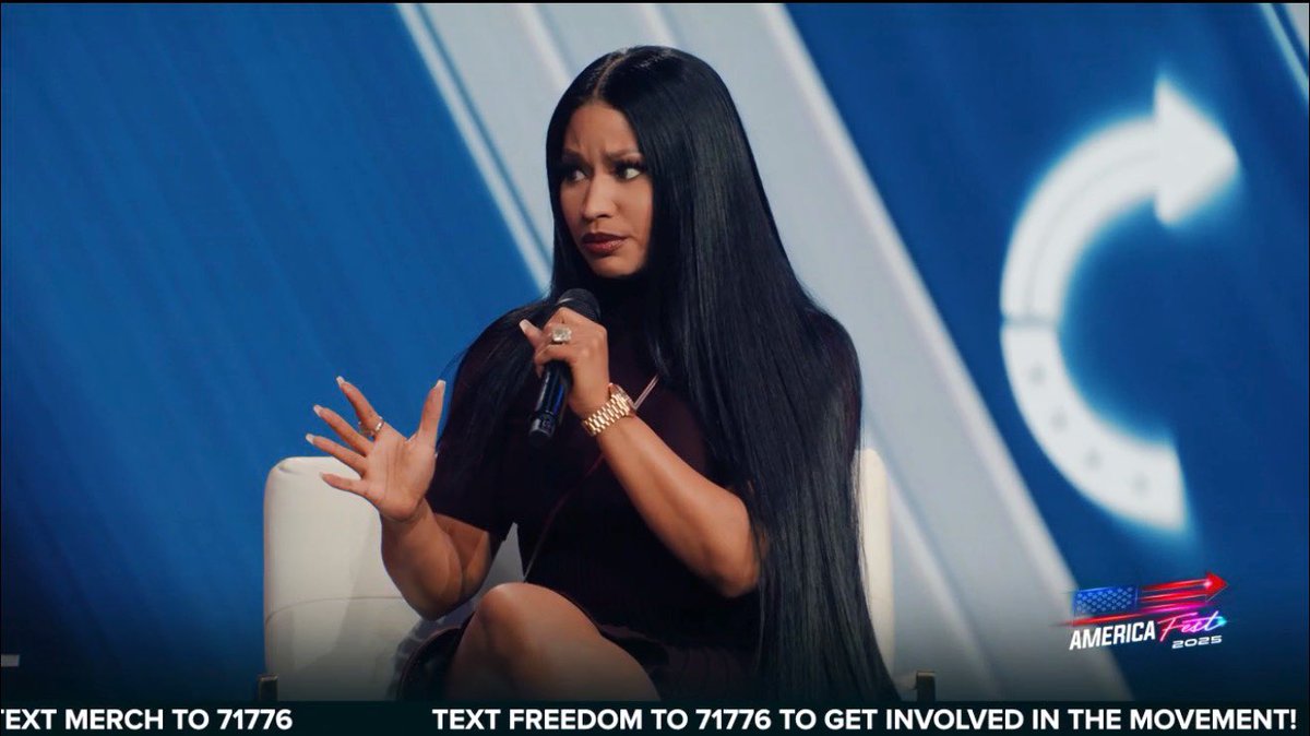 JakeHoffmanAZ's tweet image. .@NICKIMINAJ is TORCHING Democrats’ groupthink stereotypes right now at #AMFEST2025

America pay attention.

You do not need to follow the crowd.

Build something.

Stay joyful.

Speak up.

Reject Democrats’ tyranny.

Never be silenced again.

Thank you Nicki &amp;amp; @MrsErikaKirk