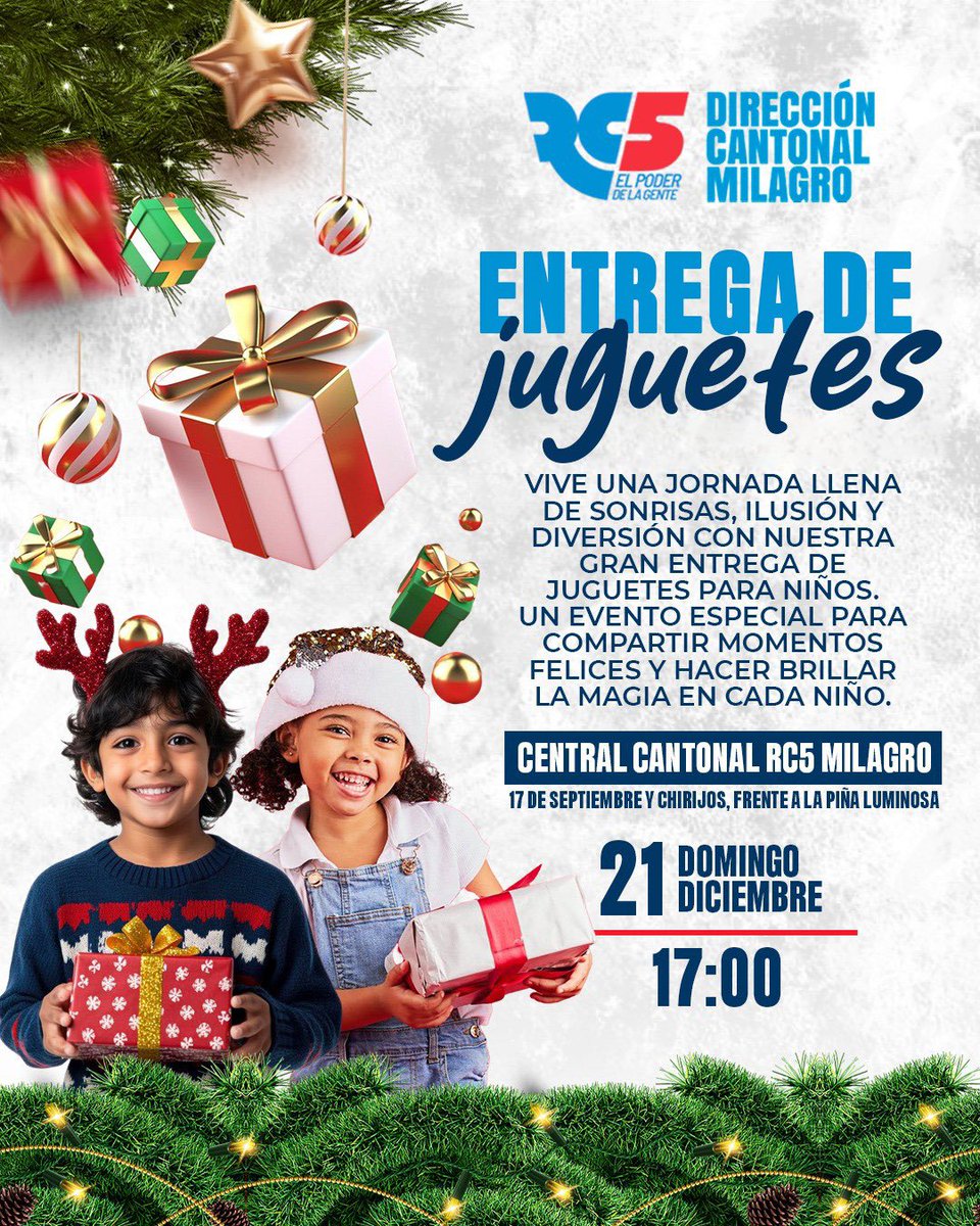 En #Milagro la solidaridad se convierte en sonrisas.

Desde la <a href="/RC5Oficial/">Revolución Ciudadana</a> seguimos compartiendo esperanza con nuestra niñez. Vive junto a nosotros una jornada llena de ilusión en la Gran Entrega de Juguetes.

📍 Central Cantonal RC5 Milagro
🕔 17:00

¡Los esperamos!