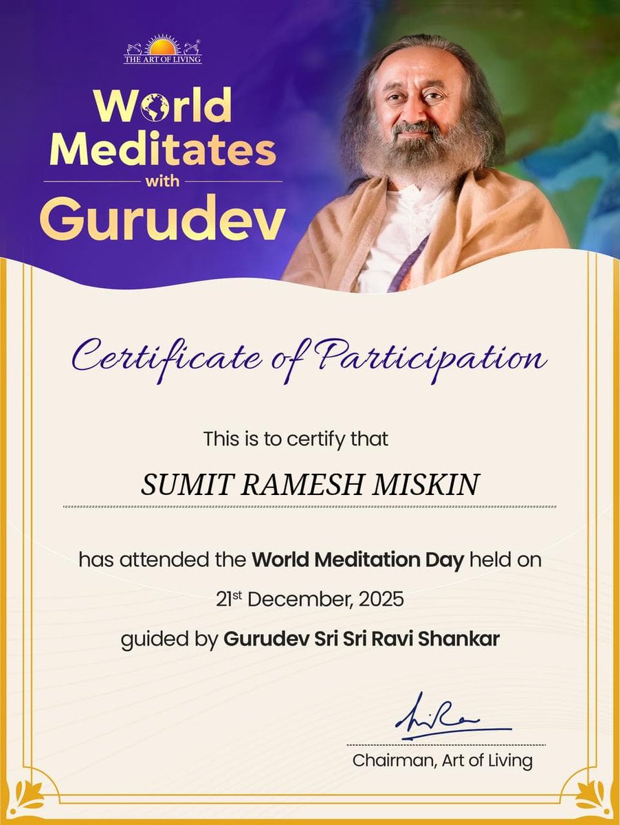 Jai <a href="/Gurudev/">Gurudev Sri Sri Ravi Shankar</a>!🙏
A few minutes of silence can heal years of stress.
Let us breathe, meditate, and spread peace. 🌏🧘‍♂️

<a href="/TheVivekSinghal/">Vivek Singhal</a>
<a href="/BangaloreAshram/">Art of Living Center: Moved</a>
#WorldMeditationDay2025