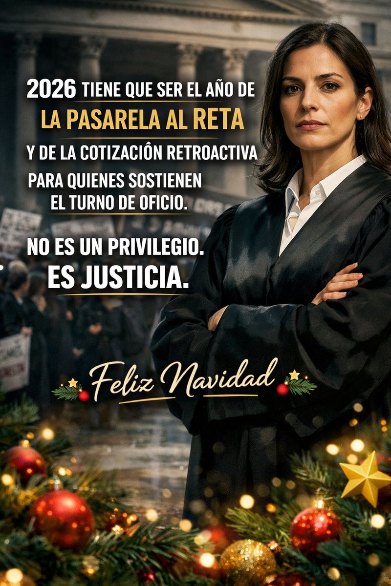 Décadas sosteniendo un servicio público sin derechos.
🎄2026🎄 tiene que ser el año de la pasarela al RETA y de la cotización retroactiva del Turno de Oficio.
No pedimos privilegios. Exigimos justicia. 🎄Feliz Navidad🎄
#PasarelaRETA
#CotizaciónRetroactiva
#TurnoDeOficioDigno