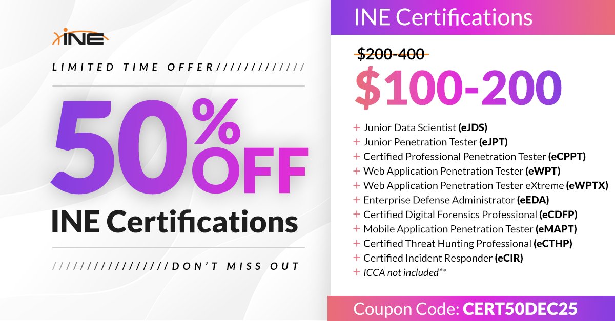 ine's tweet photo. Last chance: 50% off INE certifications ๐จ
Claim ๐ https://t.co/vKYKG2TakS
Code: CERT50DEC25
Prove your skills in pentesting, web, mobile, IR, threat hunting, defense & forensicsโand boost your resume.
#INEsecurity #Cybersecurity #Certifications #InfoSec #CareerDevelopment https://t.co/L6ecErq1HF