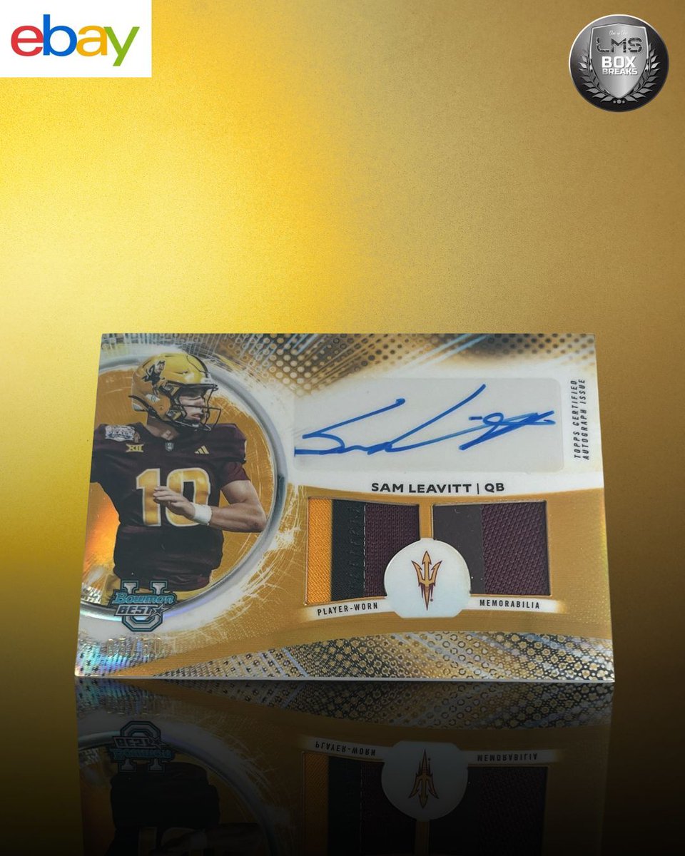 BoxLms's tweet image. 🔥✨ GOLD STANDARD PULL! ✨🔥

Sam Leavitt 🏈
🟡 Bowman Best U Autograph + Player-Worn Patch
🔱 Arizona State QB
💎 Clean ink + sick dual-color memorabilia

College collectors know — QB autos with patches don’t last long 👀