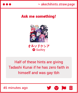 akechihints's tweet image. Akechi Hint!: thank you! i think! i have no! knowledge of! guchiry! but i looked kunai up on! hintgle! and he looks! cool! so! i may have to check this! out! song is great! by the way! oh ho ho!