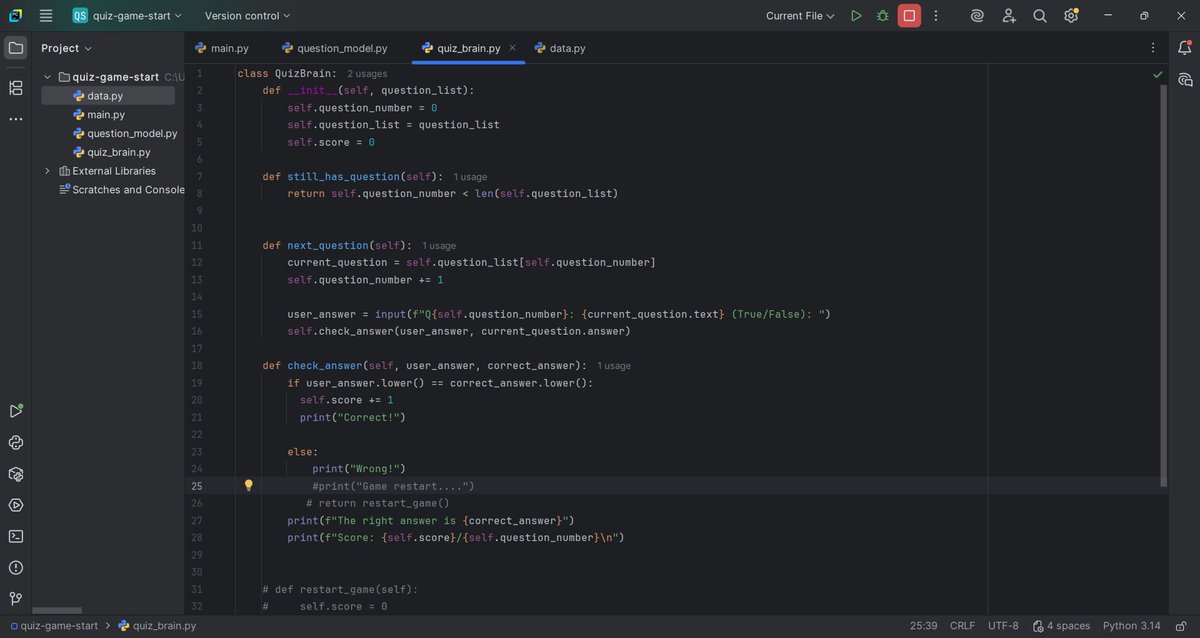 jayyprinzz's tweet image. Day 17 — Quiz Game Project

Today’s lesson wasn’t loud.
It quietly showed me how structure guides behavior in code.
Objects talking to each other, logic flowing naturally — it finally clicked.

#PythonJourney #100DaysOfCode