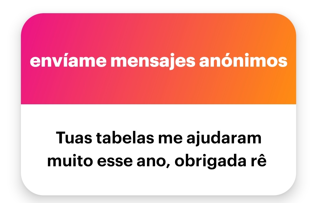 De nada! Eu tô planejando fazer mais tabelas pra disponibilizar no meu Drive. Quem sabe no ano que vem eu coloque ainda mais. Fico muito feliz em saber que eu ajudei você 🥺💛