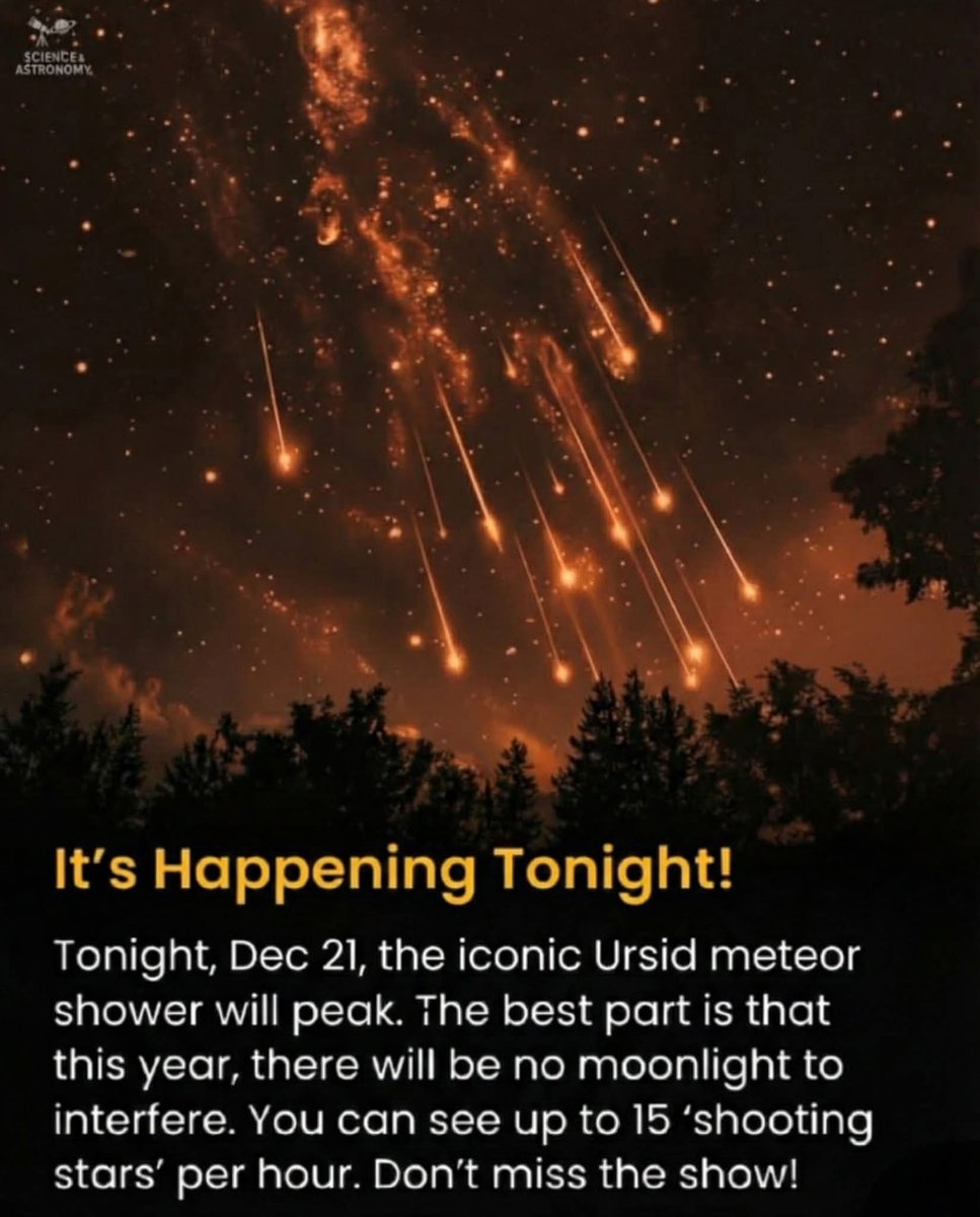 4biddnKnowledge's tweet photo. Heads up, everyone! 🌌 It’s happening TONIGHT.

According to the forecast, the Ursid meteor shower peaks tonight, December 21st. The best news is that there will be absolutely zero moonlight interfering, making for perfect dark sky conditions to see shooting stars.

How to watch: You don't need a telescope! Just find a spot away from bright city lights if you can. Crucial tip: Give your eyes about 20-30 minutes to fully adjust to the dark without looking at your phone screen. 

Bundle up tightly and be patient—it’s a subtle show, but seeing one streak across a totally dark sky is worth the wait! ✨